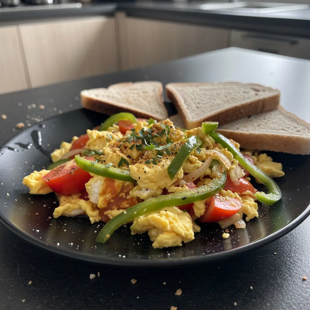 Uova strapazzate turche con pomodori e peperoni all’olio