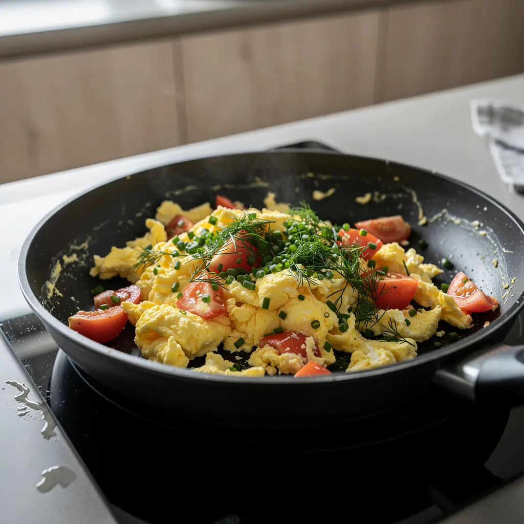 Revuelto turco con tomate y hierbas en mantequilla
