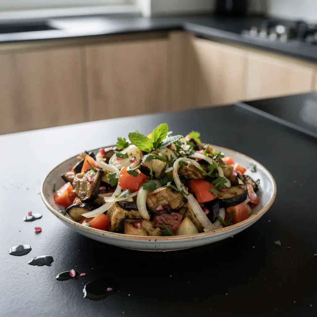 Ensalada turca de berenjena con tomates y granada
