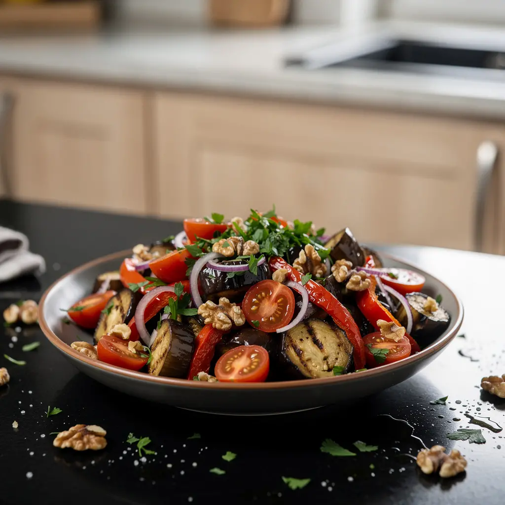Turecka sałatka z grillowanego bakłażana i papryki z orzechami