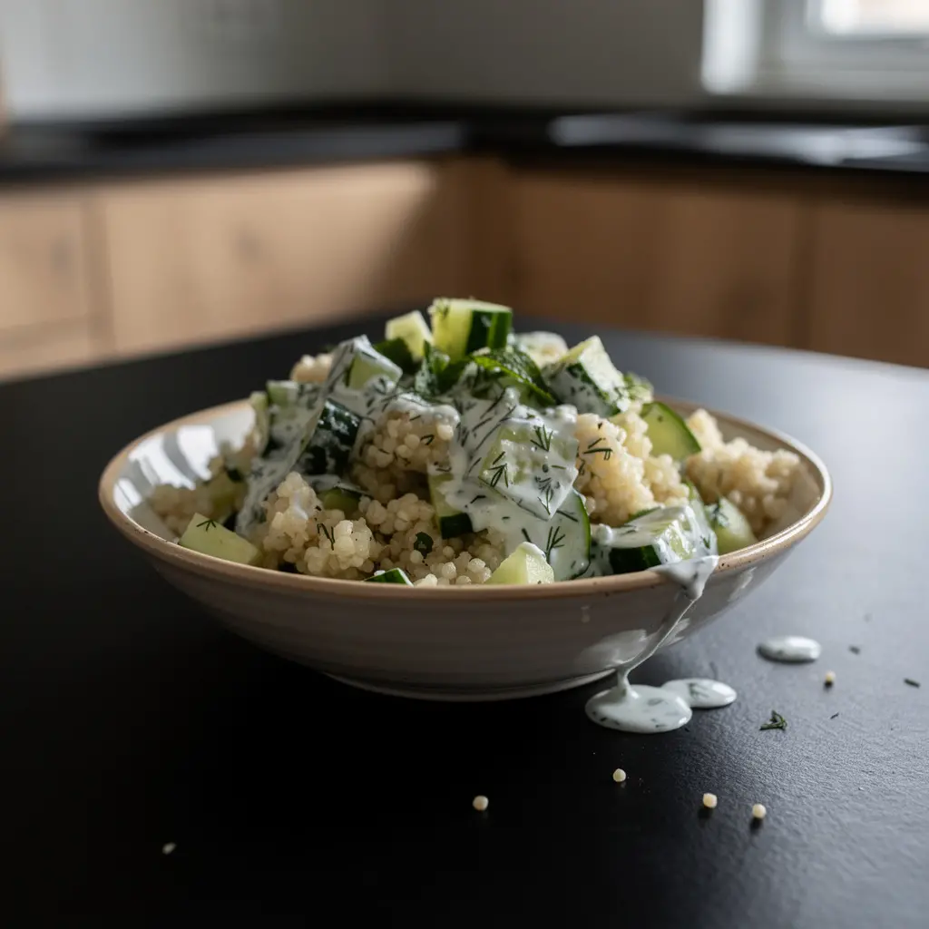 Türkischer Bulgursalat mit Gurke und Joghurt-Minze-Dressing