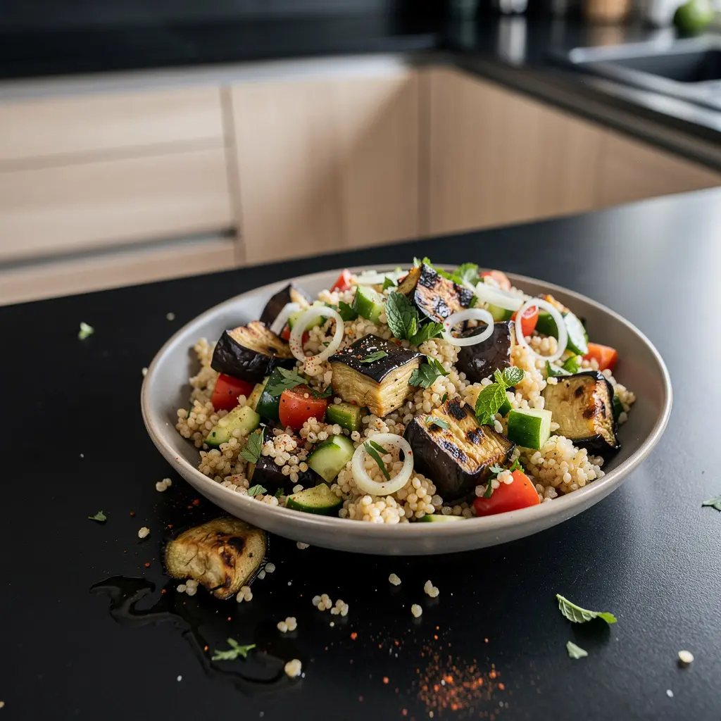 Turecka sałatka z kaszy bulgur z pieczonym bakłażanem