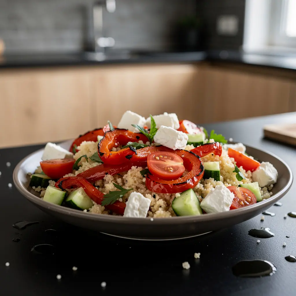 Turecka sałatka z kuskusu, pieczonej papryki i sera owczego