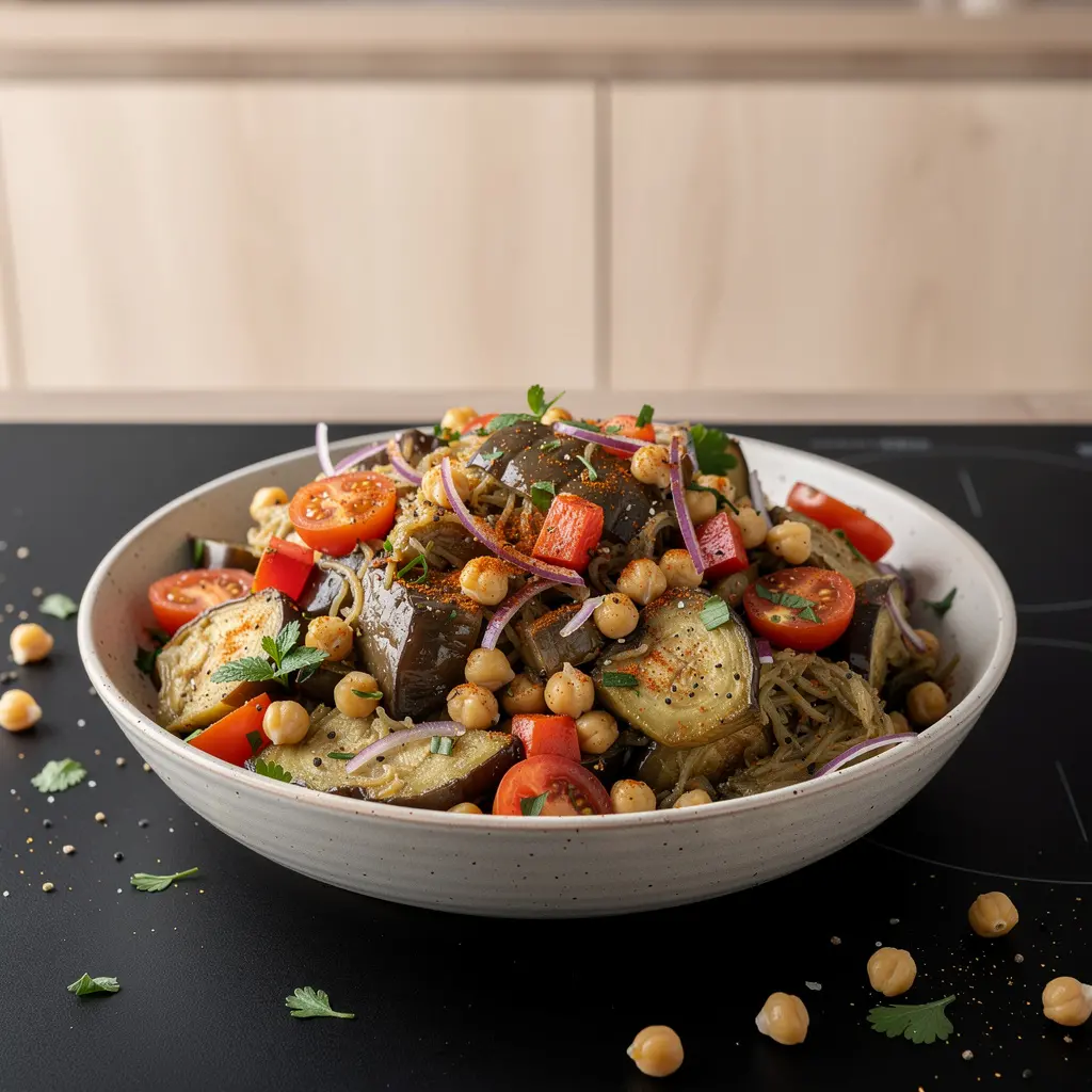 Turecka sałatka z pieczonego bakłażana i ciecierzycy