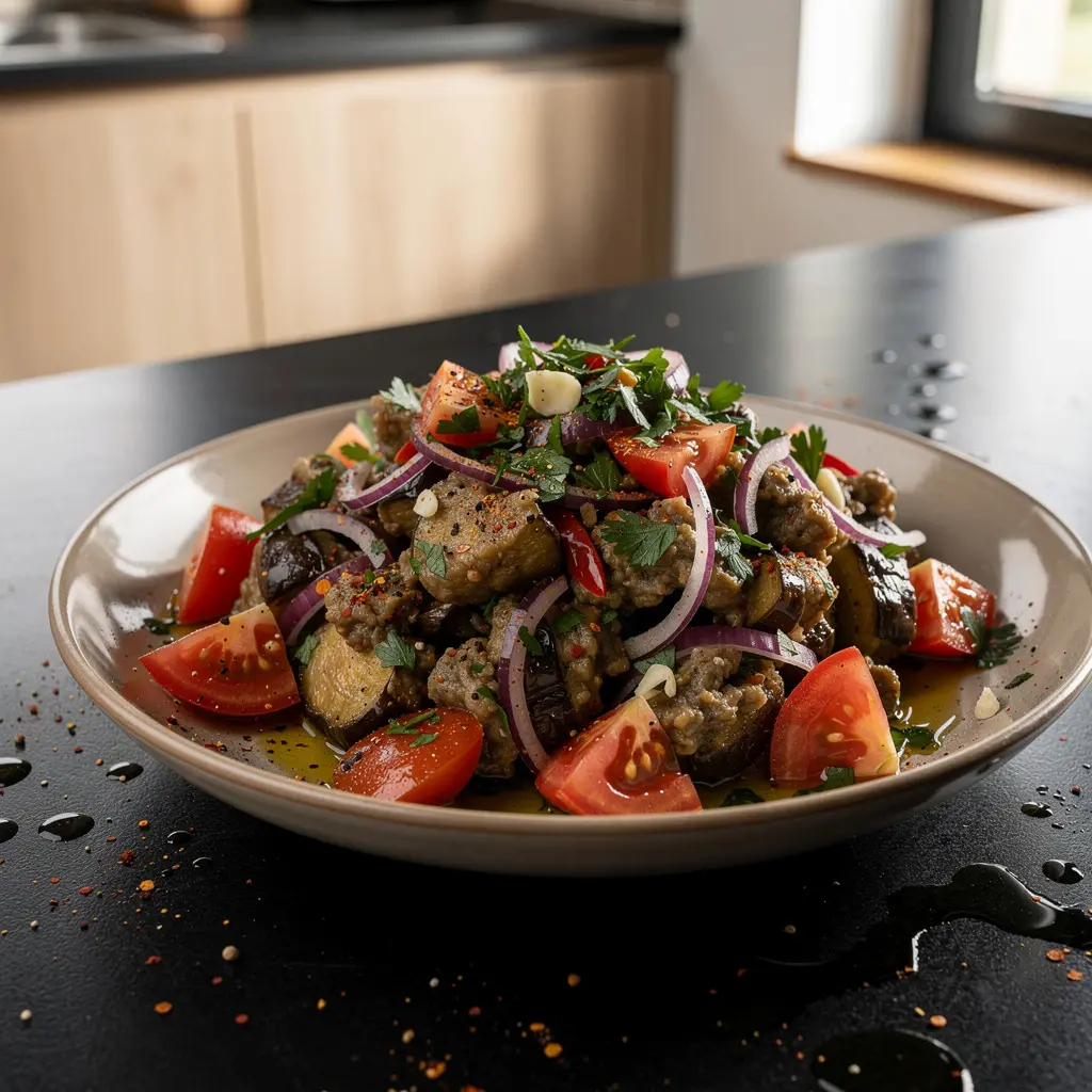 Turecka sałatka z pieczonego bakłażana i pomidorów