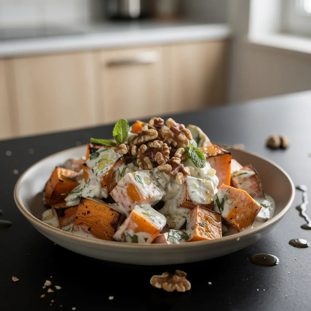 Türkischer Salat aus geröstetem Kürbis mit Joghurt und Minze