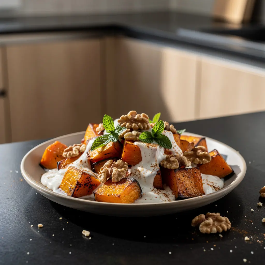 Türkischer Salat aus geröstetem Kürbis mit Joghurt und Nüssen