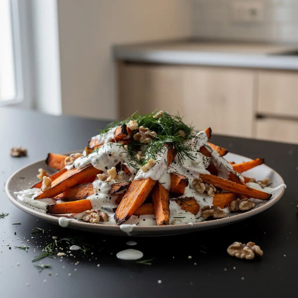 Turecka sałatka z pieczonej marchewki z jogurtem i orzechami