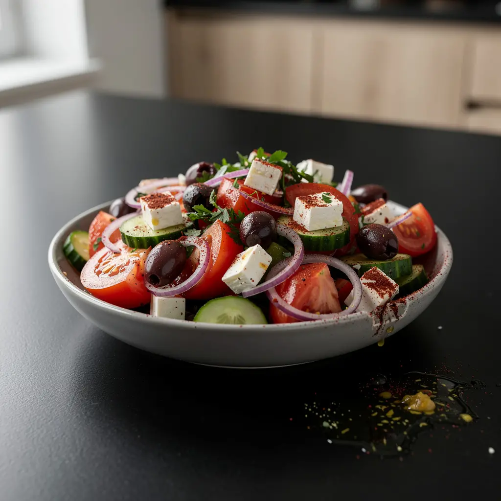 Turecka sałatka z pomidorów, sera i oliwek z sumakiem