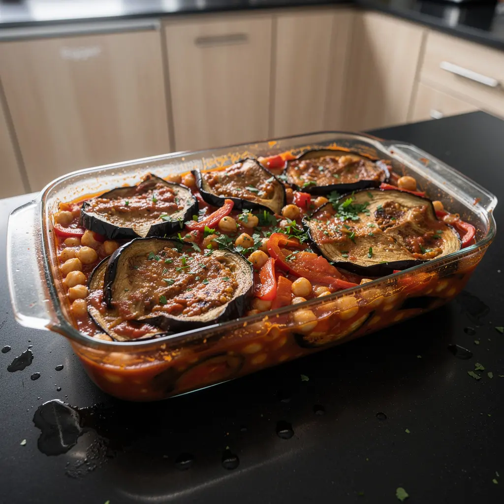 Turecka zapiekanka z bakłażana i ciecierzycy w sosie pomidorowym