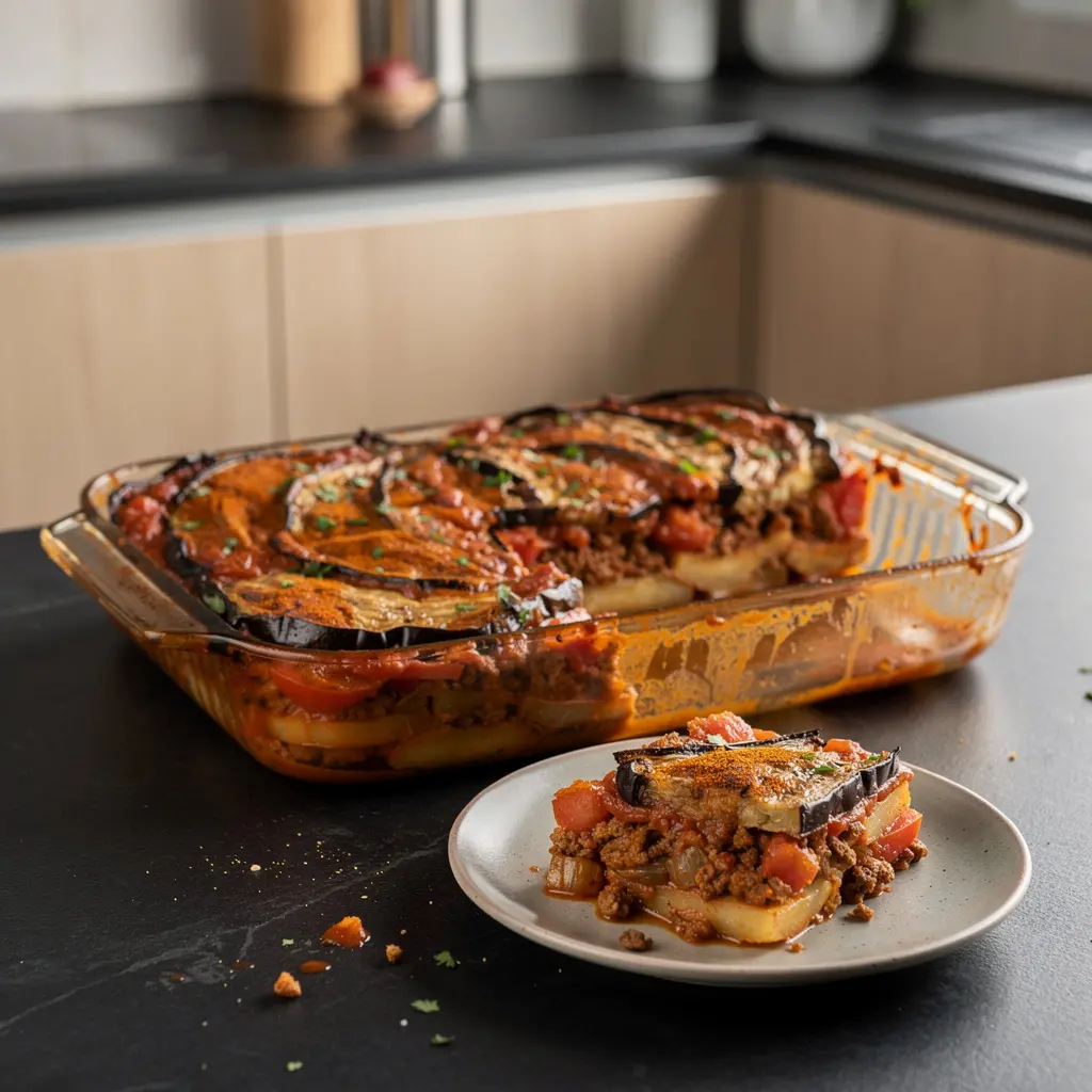 Turecka zapiekanka z bakłażana, ziemniaków i mięsa mielonego