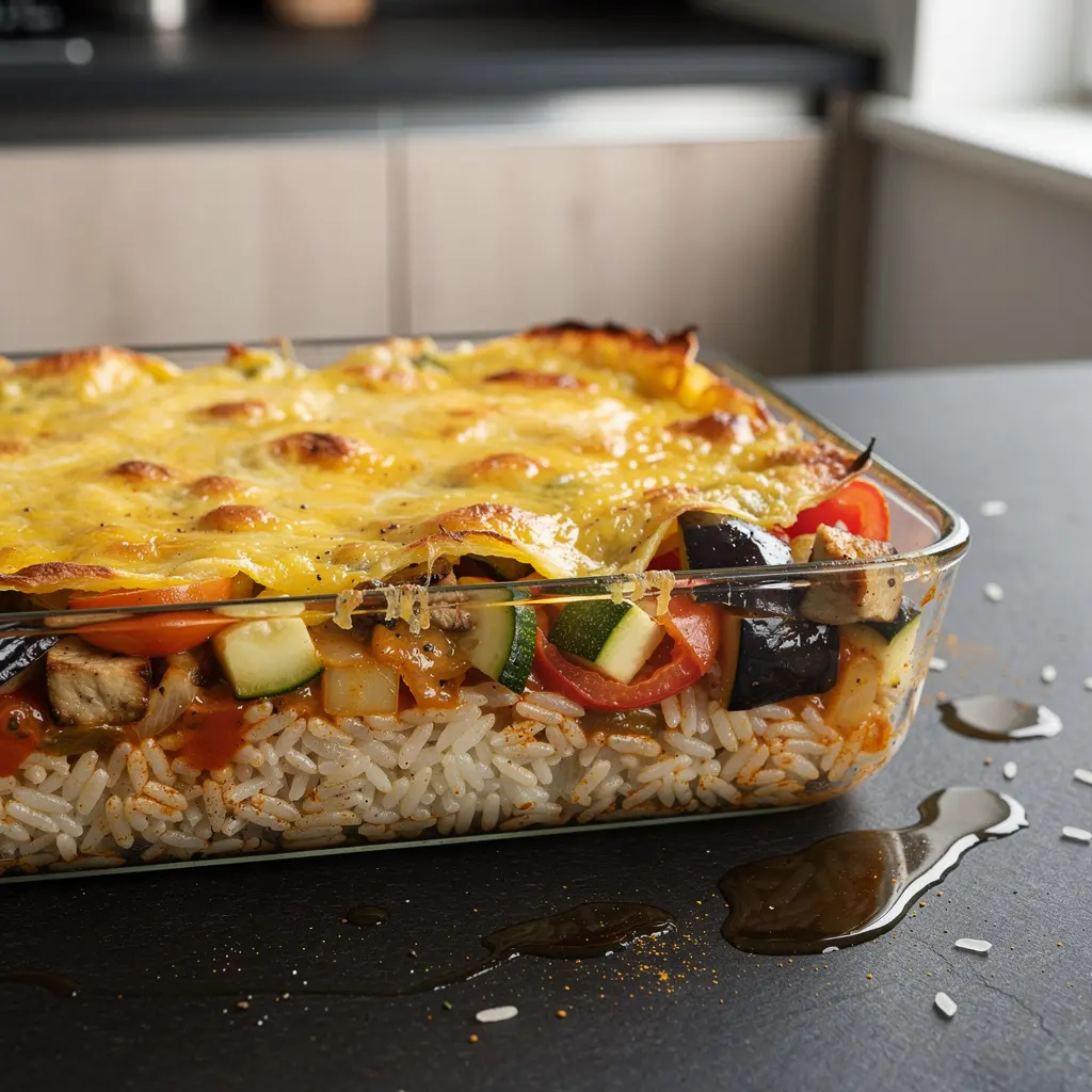 Turecka zapiekanka z ryżu z warzywami i serem