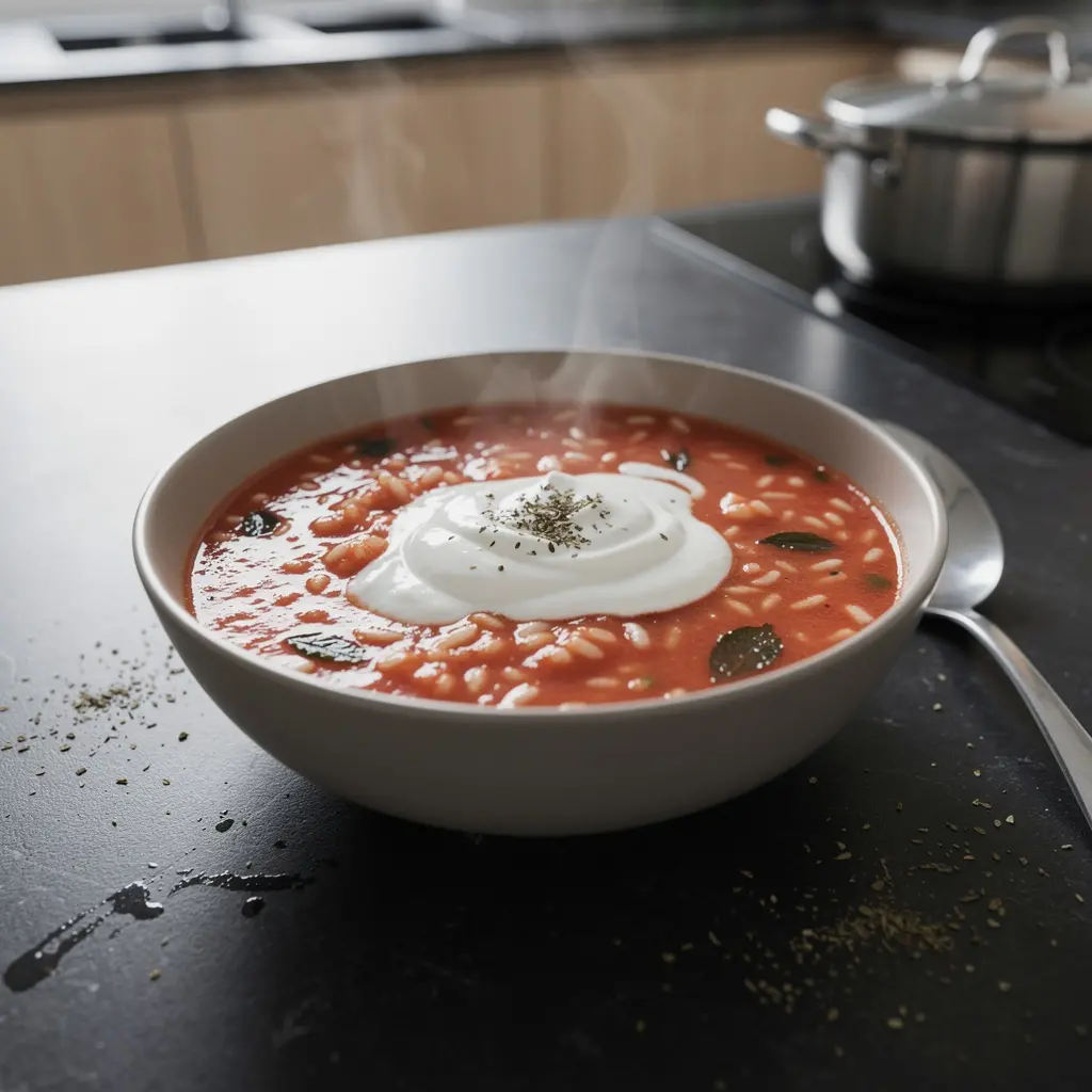Turkish Tomato Soup with Rice and Mint