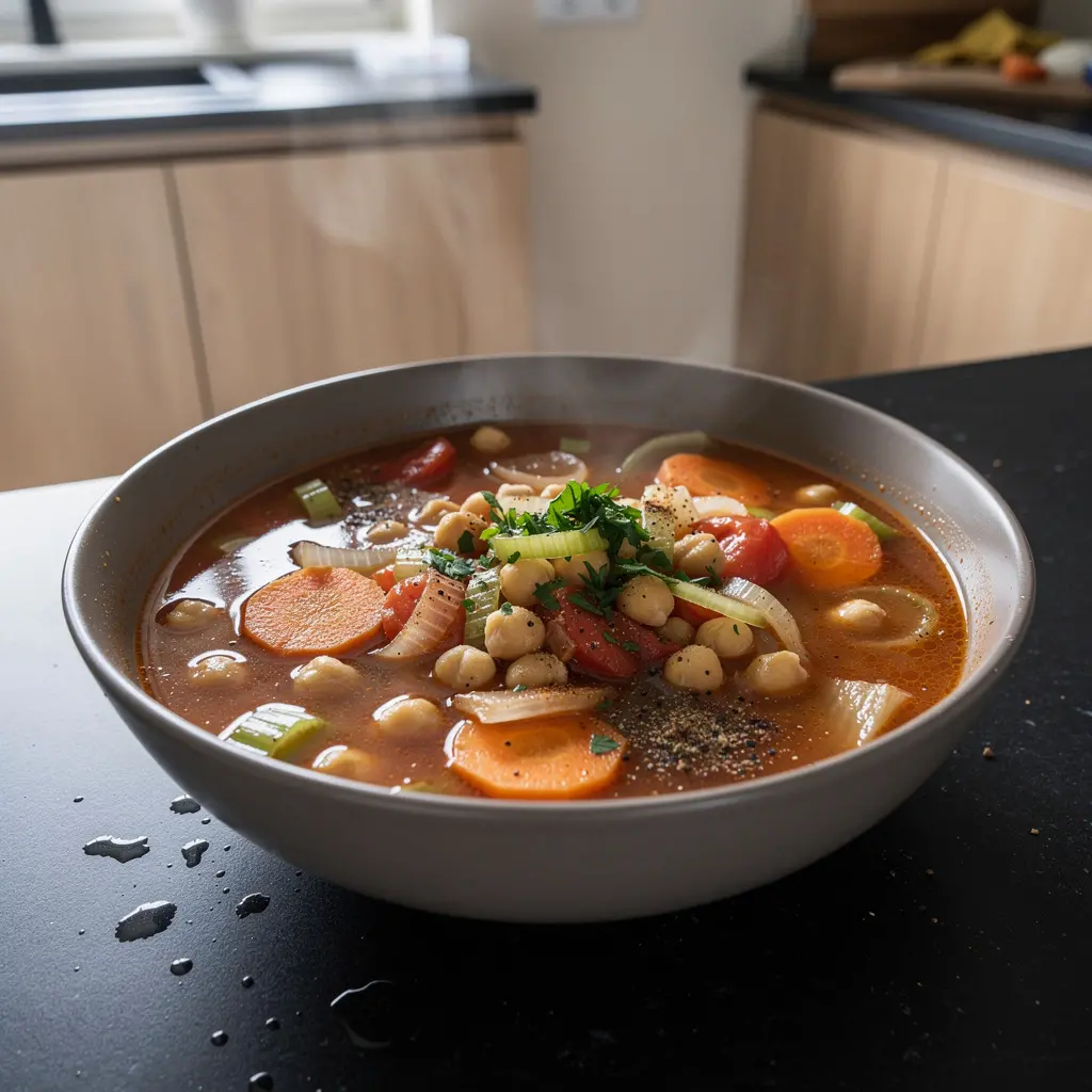 Türkische Suppe mit Kichererbsen und Gemüse