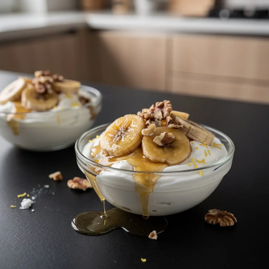 Dessert turc au yaourt, miel et bananes caramélisées