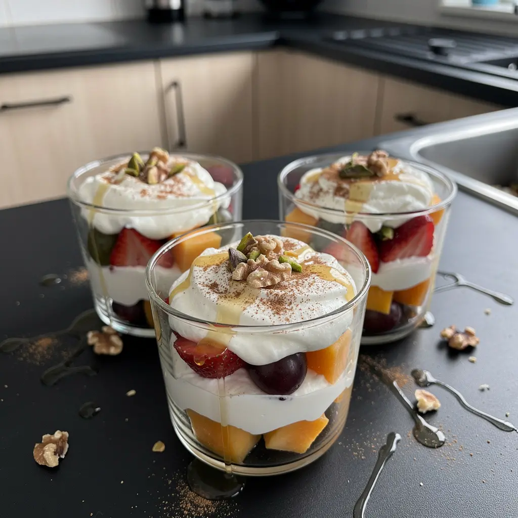 Postre turco de yogur, miel y fruta fresca