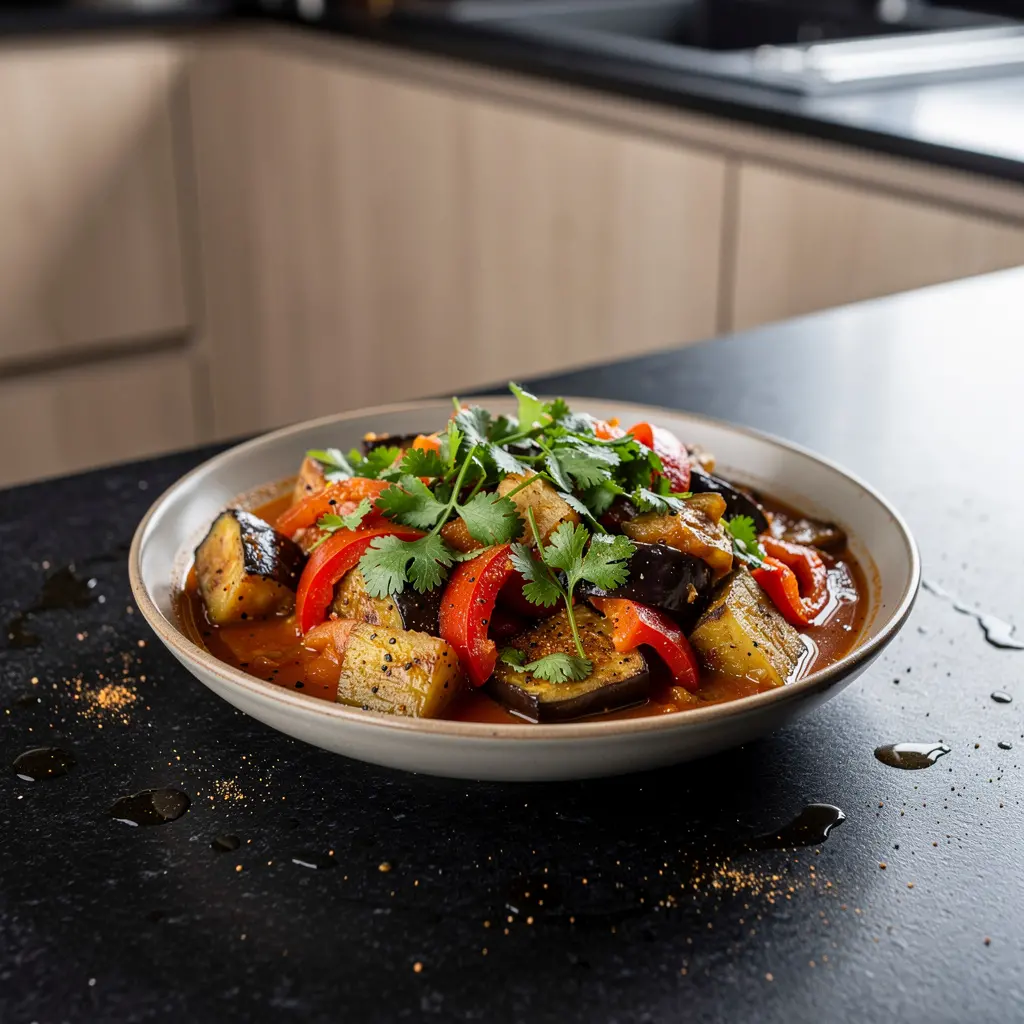 Turecki gulasz z bakłażana i papryki z kolendrą