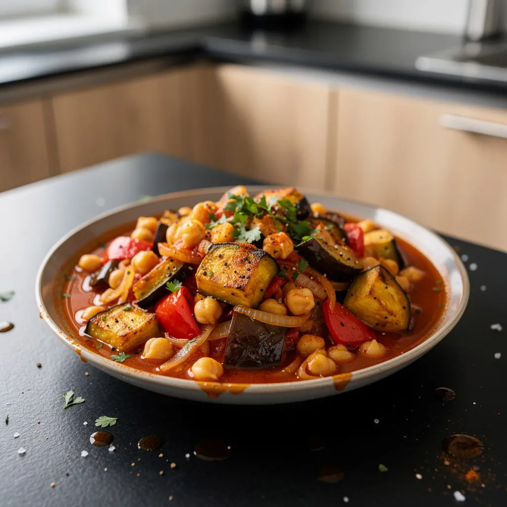 Türkischer Gulasch aus Kichererbsen und Aubergine in Tomatensauce