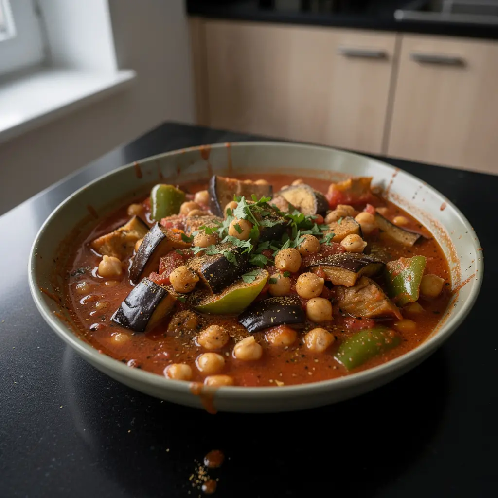 Turecki gulasz z ciecierzycy i bakłażana w sosie pomidorowym