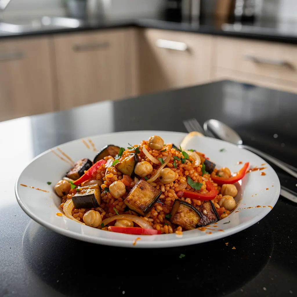 Türkischer Bulgur-Pilaw mit Aubergine und Kichererbsen