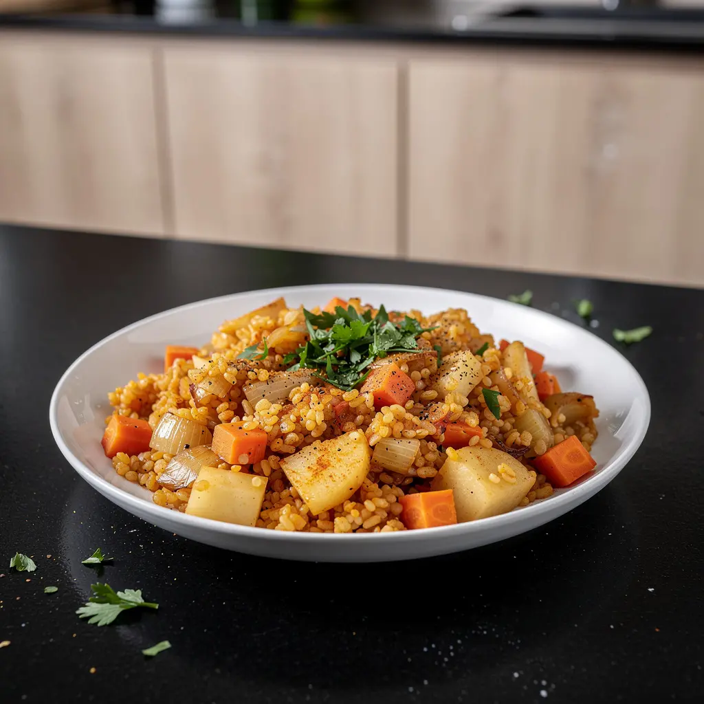 Turecki pilaw z kaszą bulgur i warzywami korzeniowymi