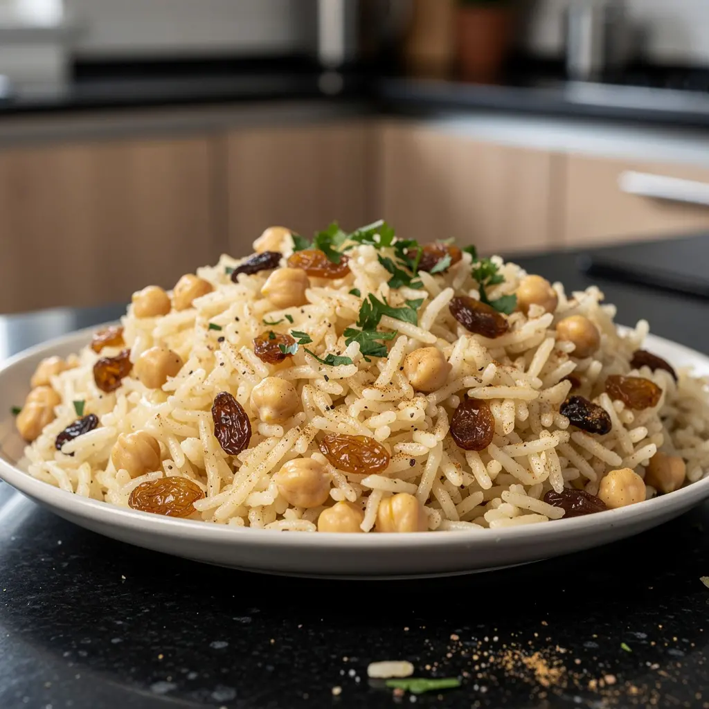 Turecki pilaw z ryżu z ciecierzycą i rodzynkami