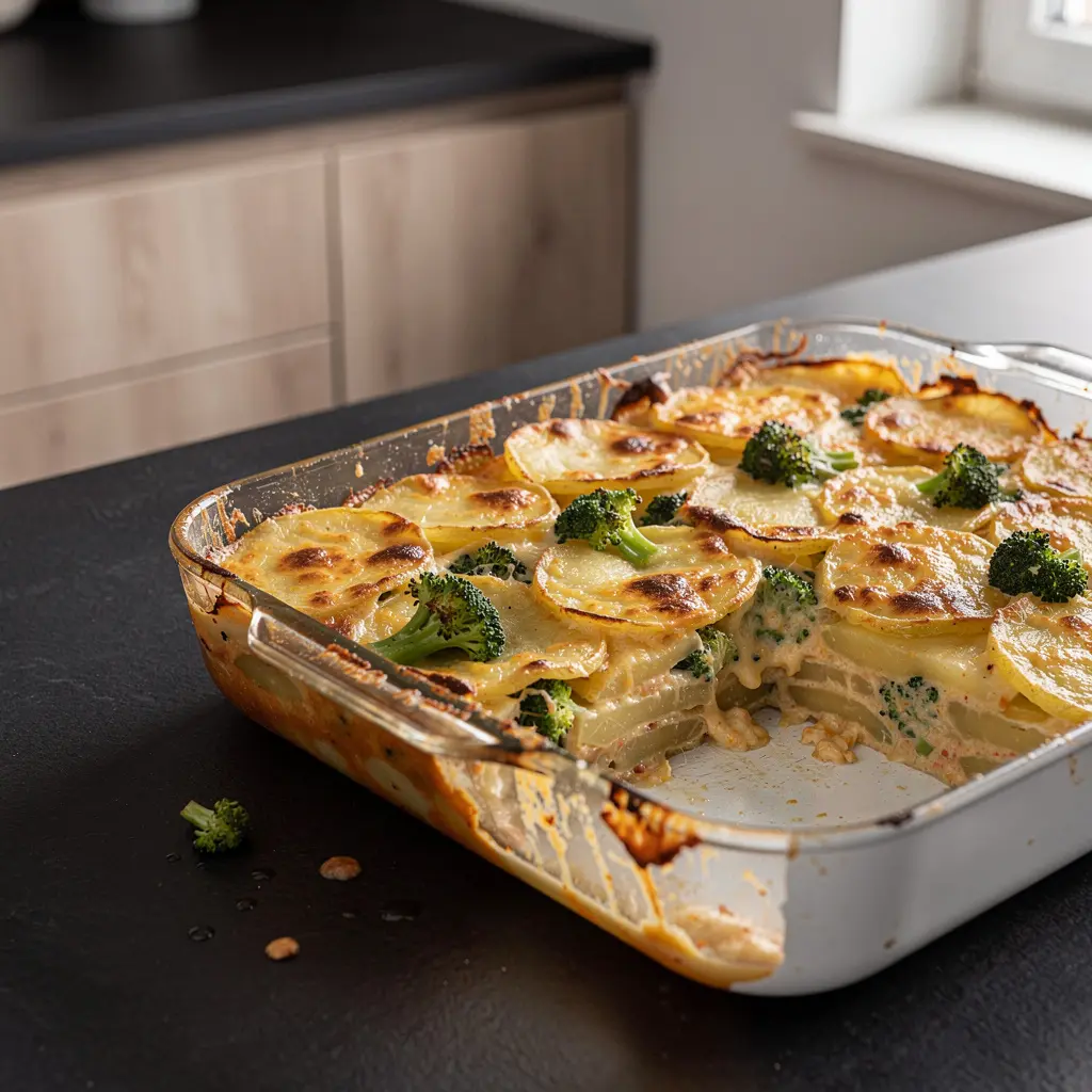 Gratinado de patatas vegetariano con brócoli y queso al estilo estadounidense