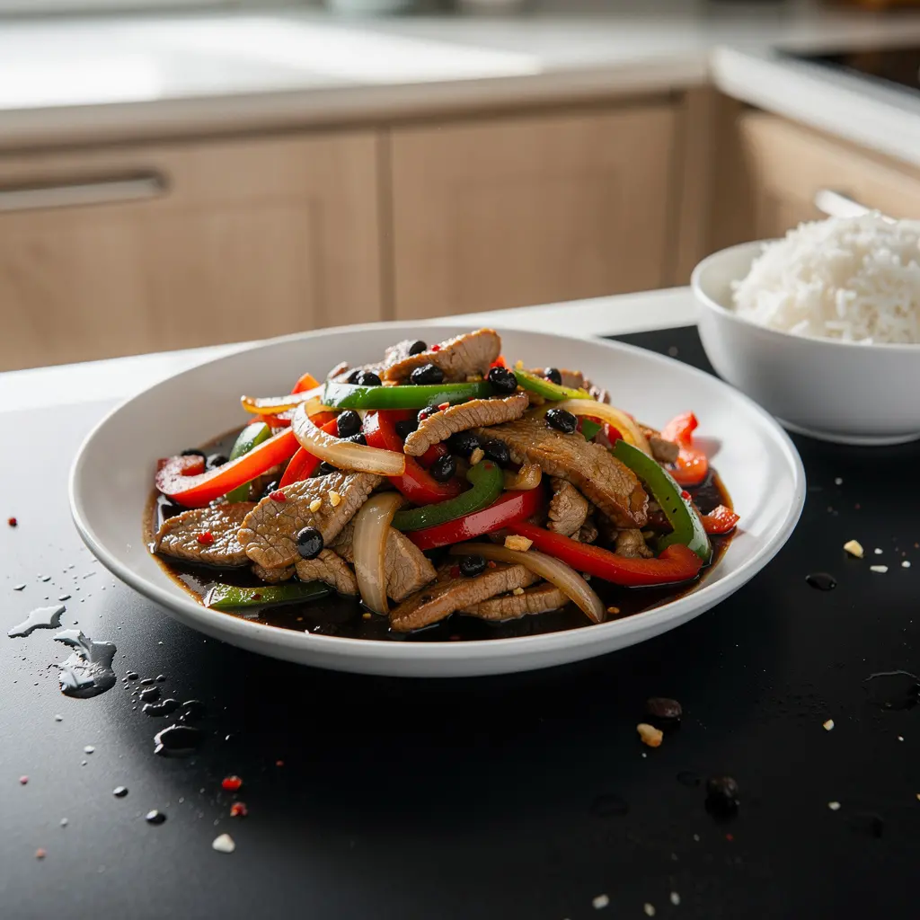 Wieprzowina z papryką w sosie z czarnej fasoli