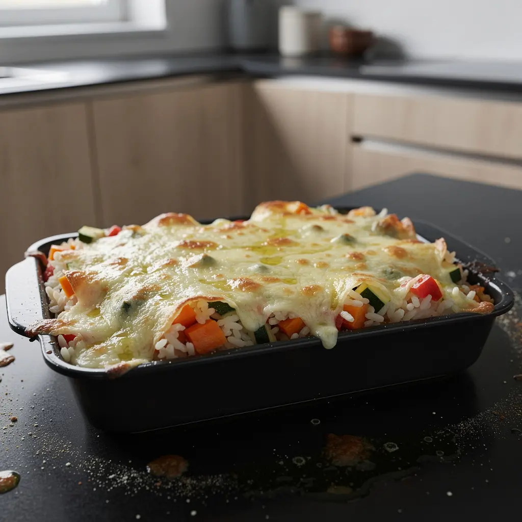 Włoska zapiekanka z ryżu z warzywami i mozzarellą