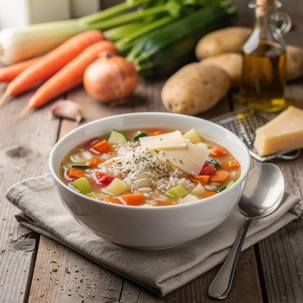 Włoska zupa jarzynowa z ryżem i parmezanem