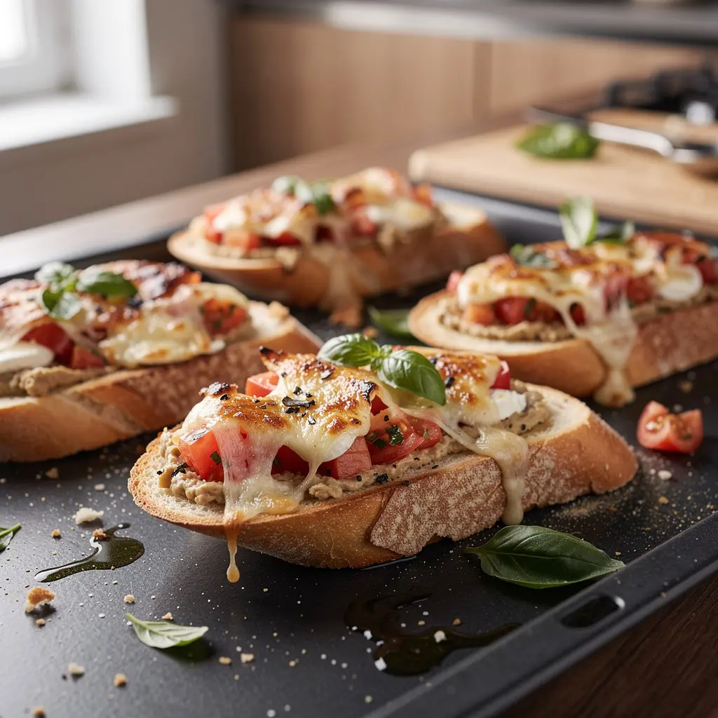 Włoskie grzanki z pieczonym czosnkiem, pomidorem i mozzarellą