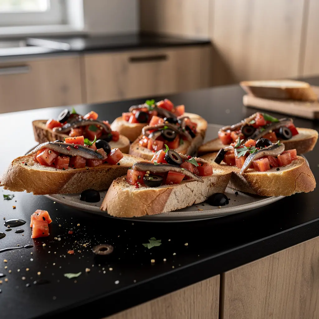 Włoskie grzanki z pomidorami, oliwkami i anchois