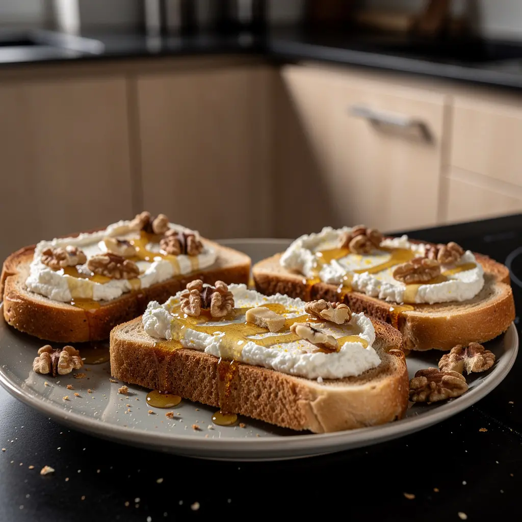 Italian breakfast toasts with ricotta, honey and nuts