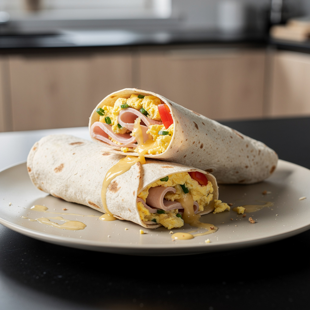 Wrap śniadaniowy z jajecznicą i indykiem po amerykańsku