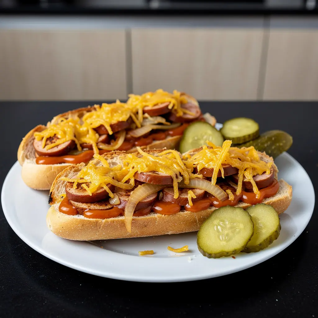 Zapiekane kanapki z kiełbasą i serem