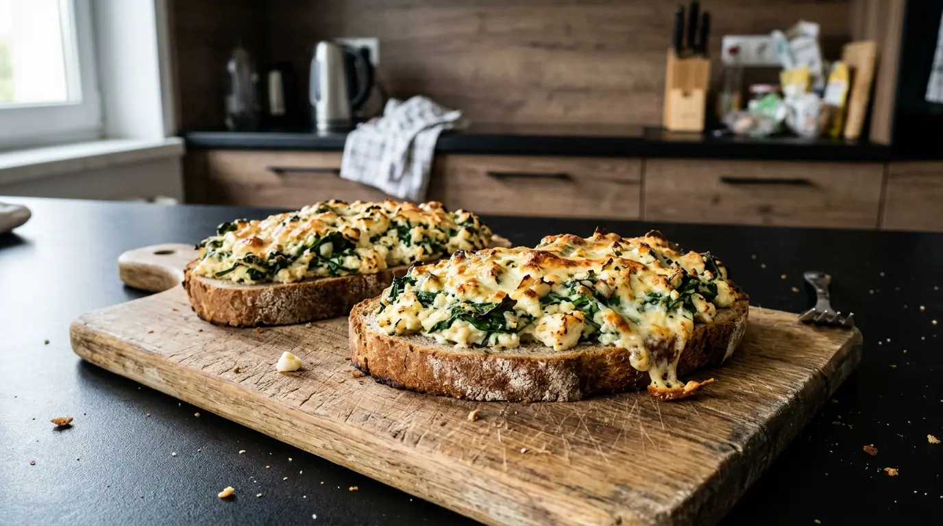 Zapiekane kanapki z twarogiem, szpinakiem i czosnkiem