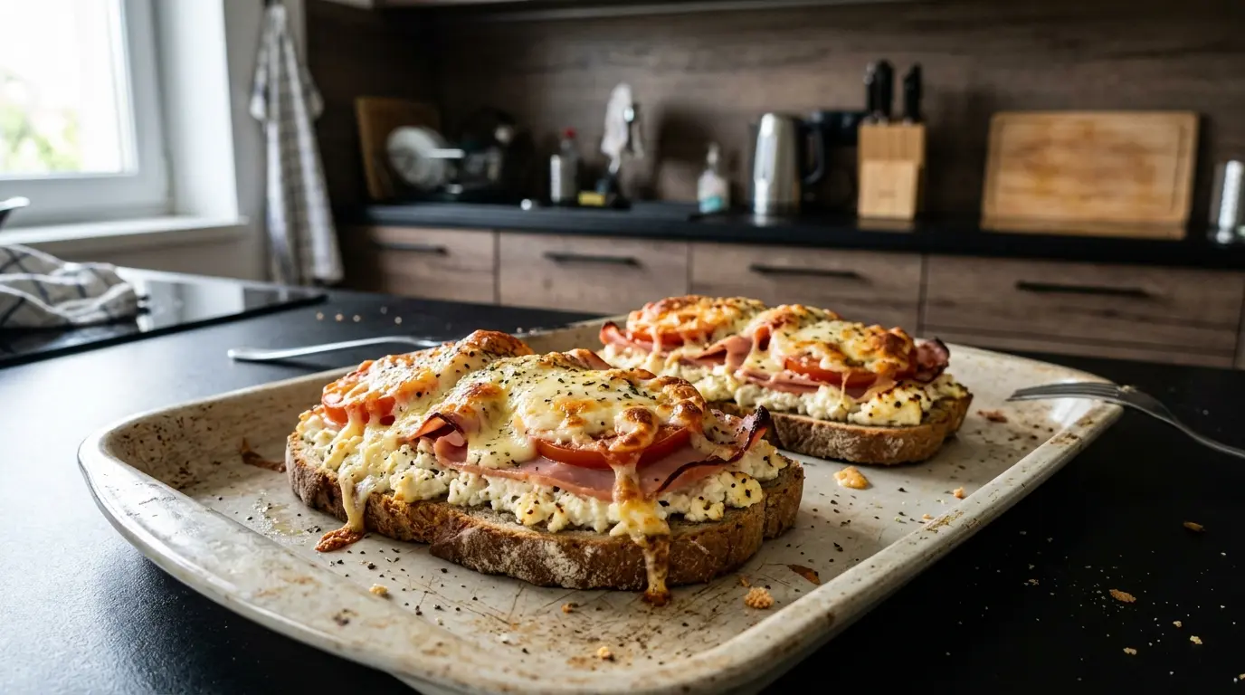 Zapiekane kanapki z twarogiem, szynką i pomidorem