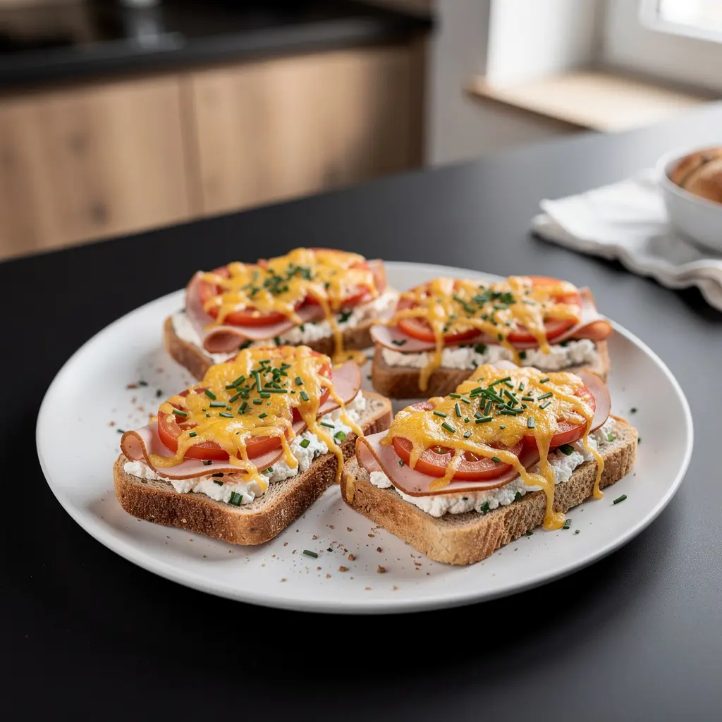 Baked Sandwiches with Curd Cheese, Ham and Tomato