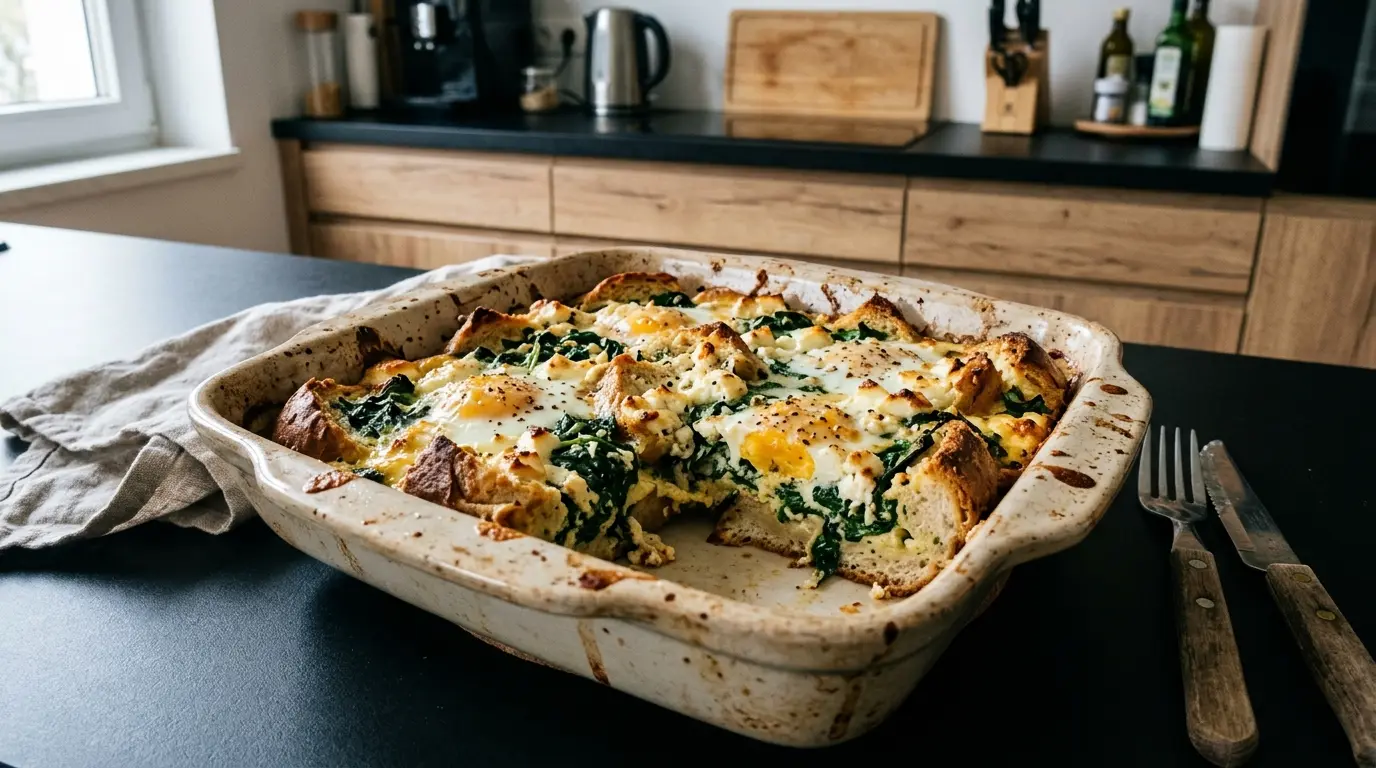 Zapiekanka chlebowa z jajkiem, szpinakiem i fetą