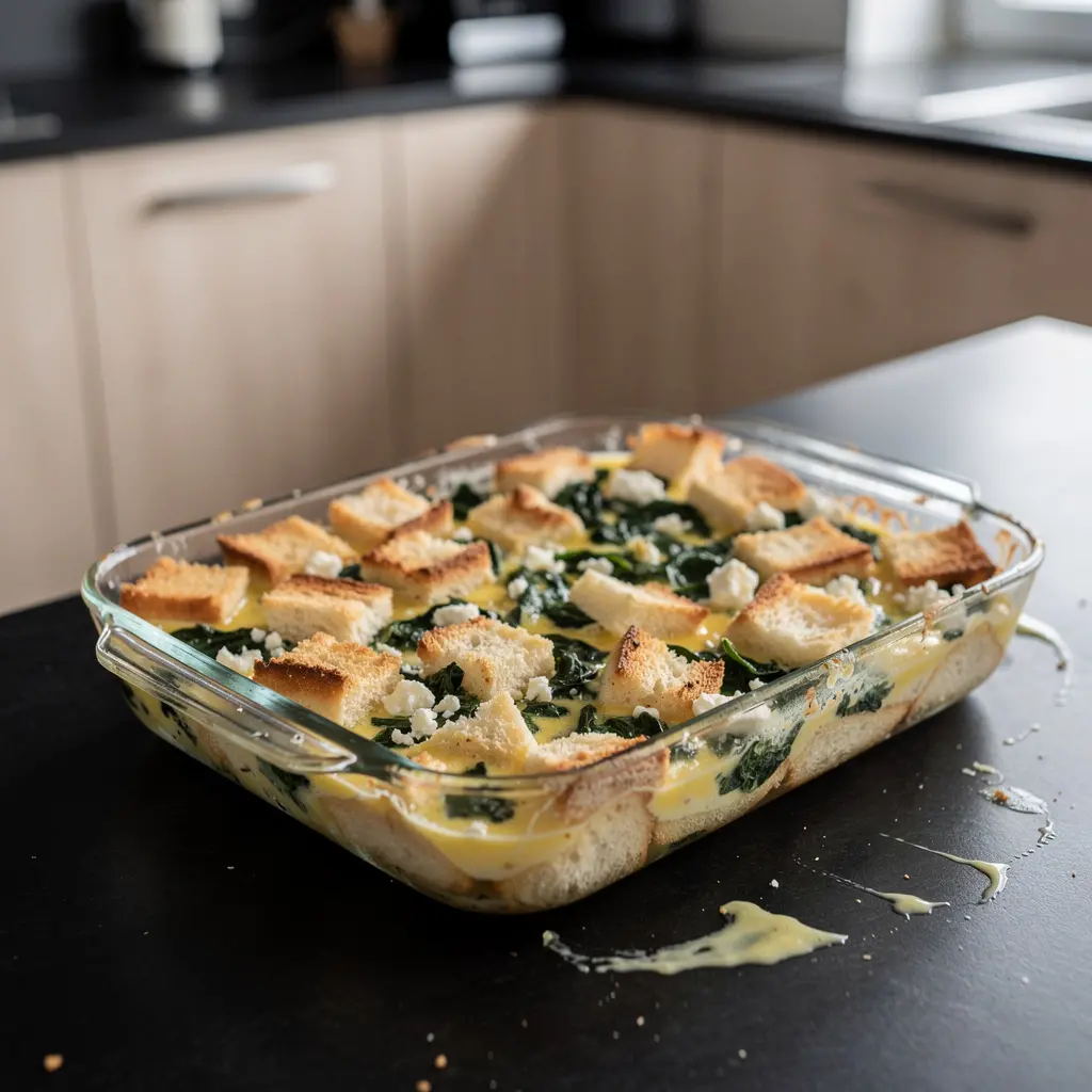Zapiekanka chlebowa z jajkiem, szpinakiem i fetą