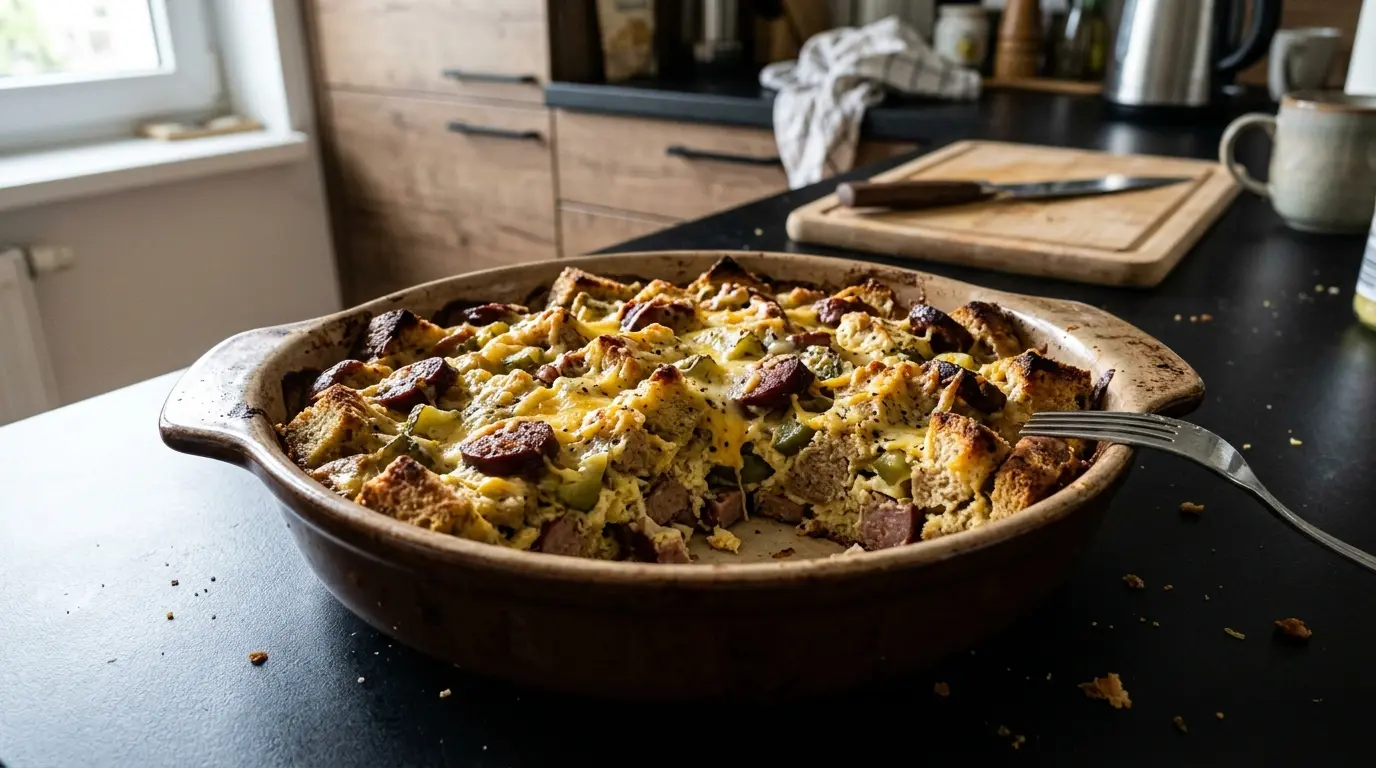 Zapiekanka chlebowa z kiełbasą i ogórkiem konserwowym