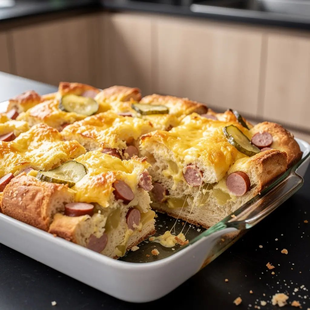 Zapiekanka chlebowa z kiełbasą i ogórkiem konserwowym