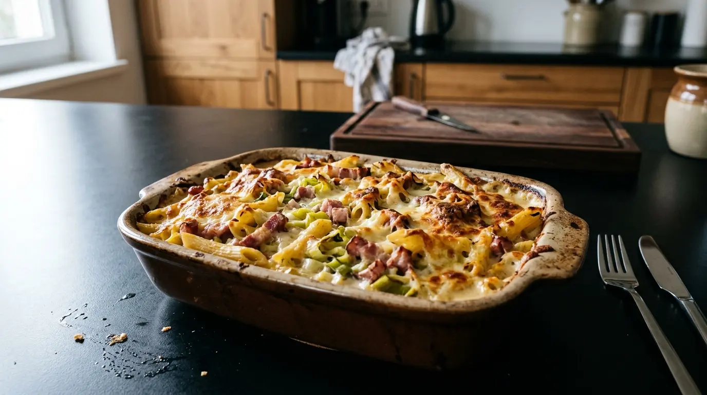 Zapiekanka makaronowa z boczkiem, porem i śmietaną