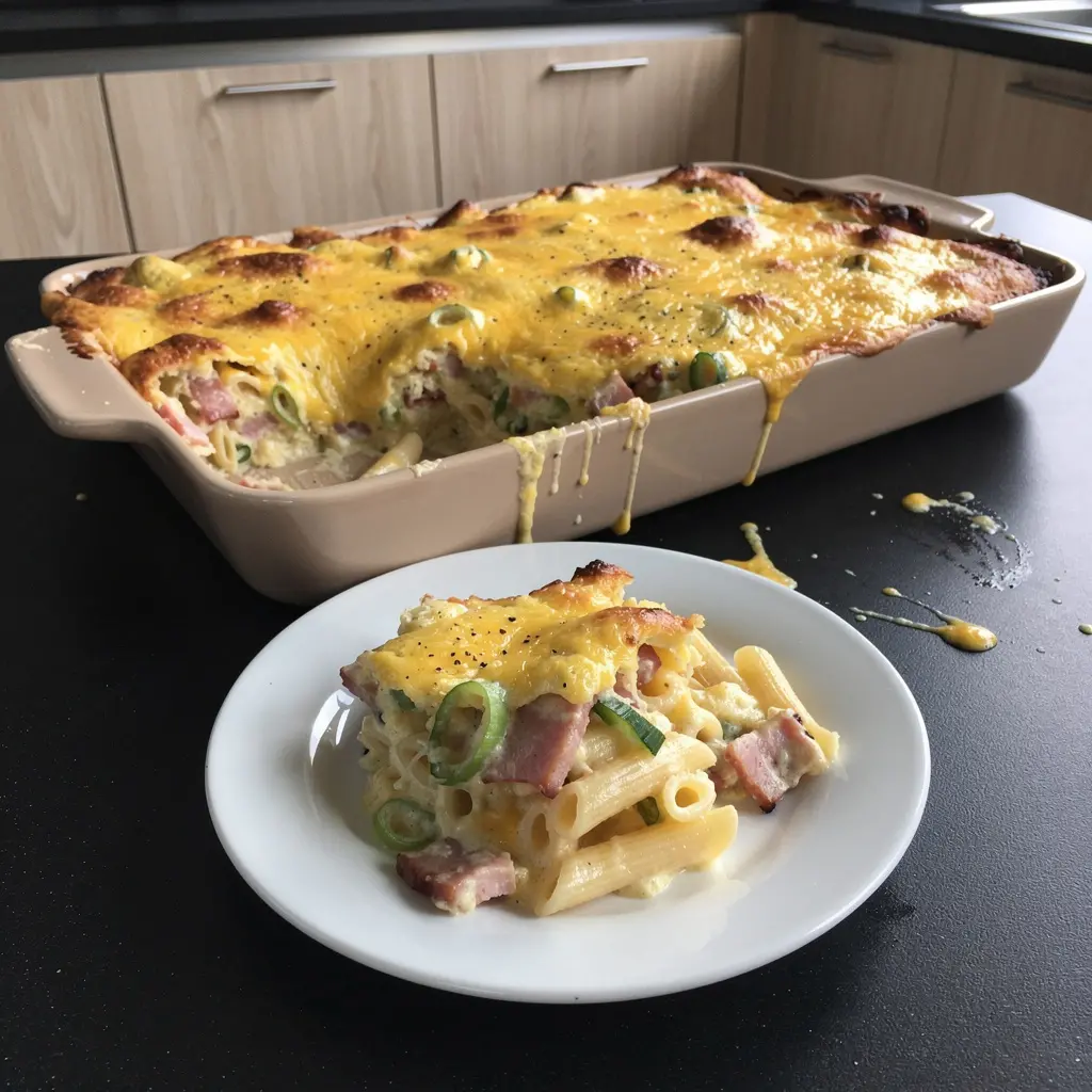 Pasta bake with bacon, leek and cream