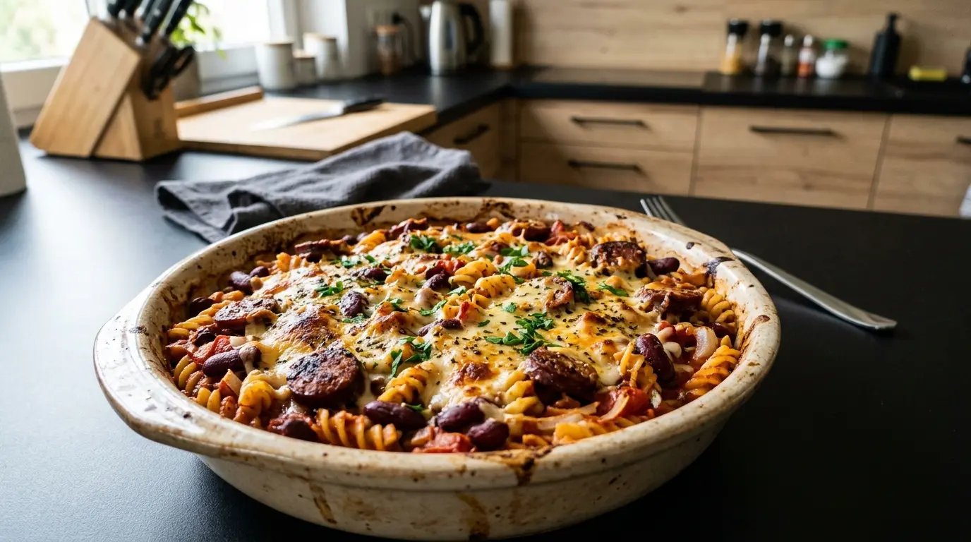 Teglia di pasta con salsiccia, fagioli e pomodori