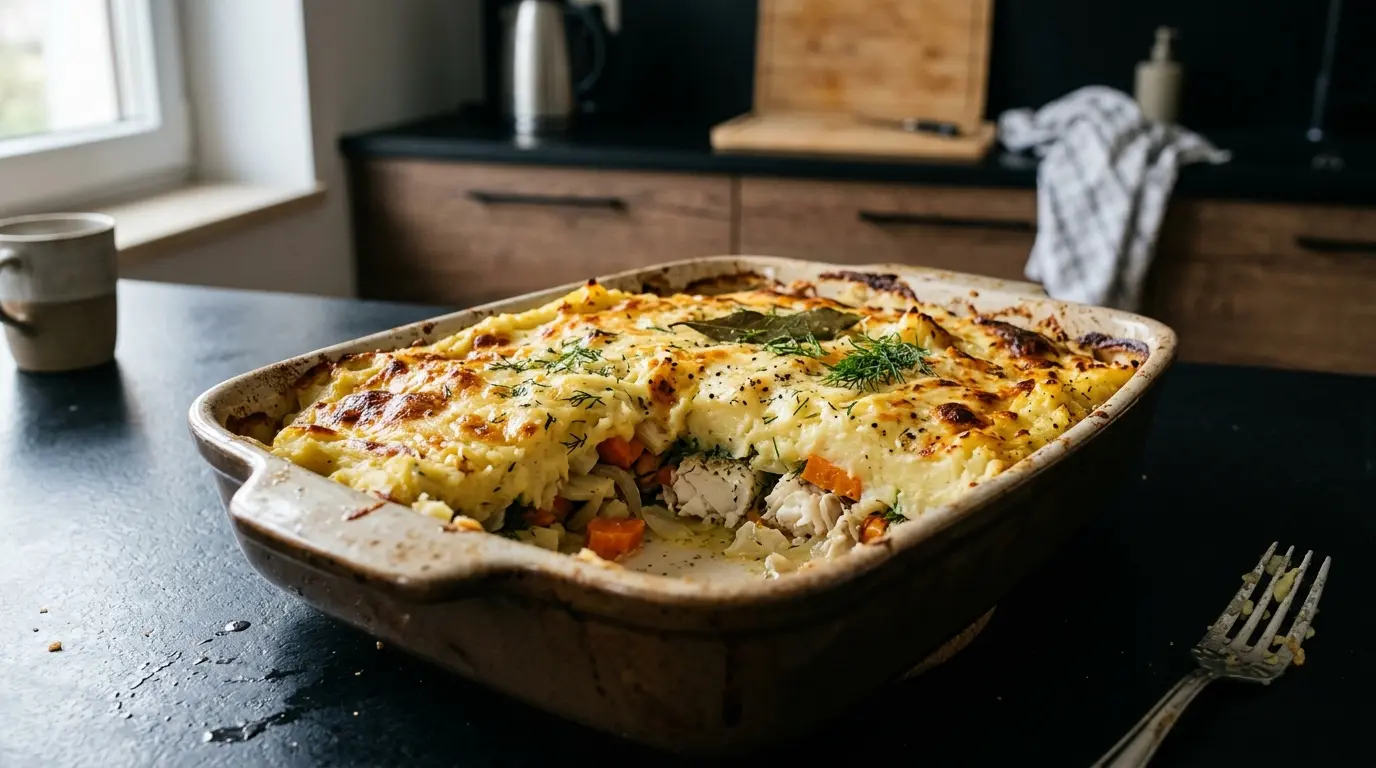 Zapiekanka rybna z dorszem, warzywami i puree ziemniaczanym