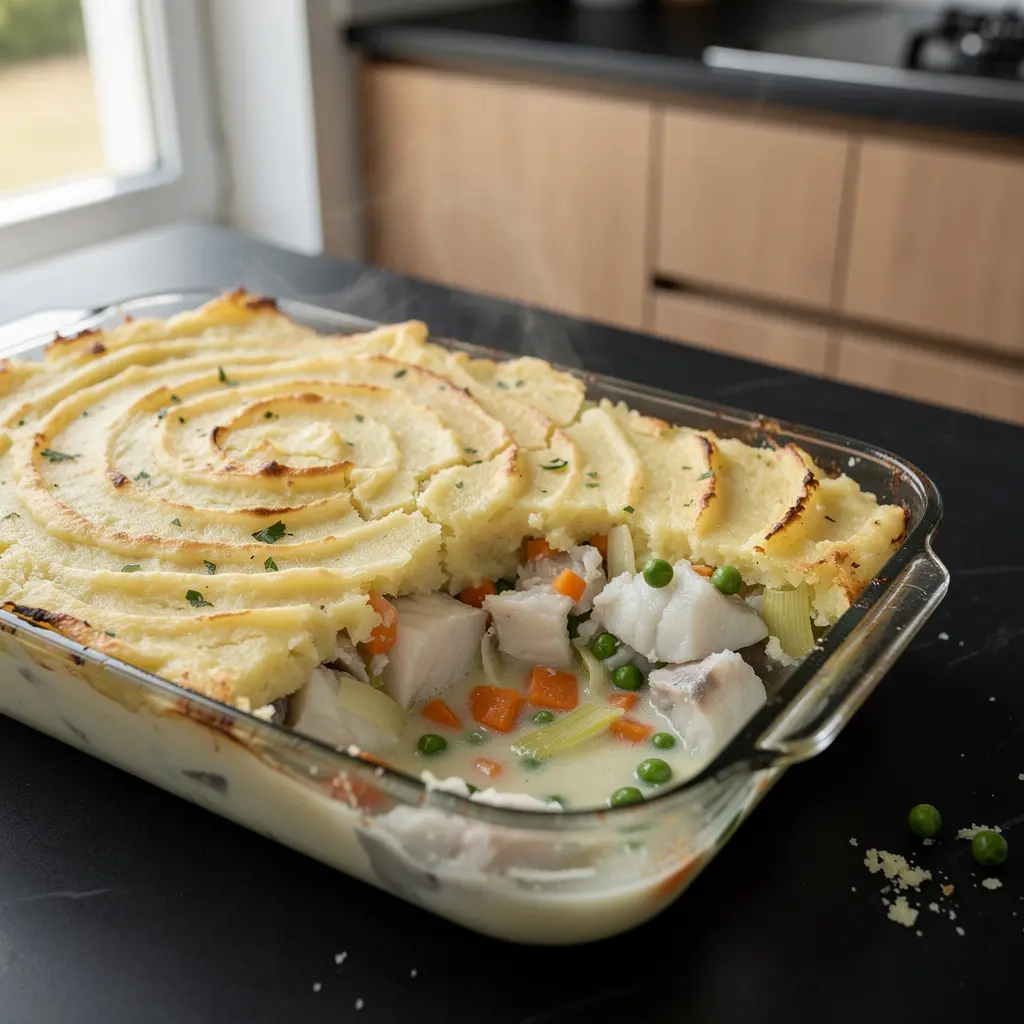 Zapiekanka rybna z dorszem, warzywami i puree ziemniaczanym