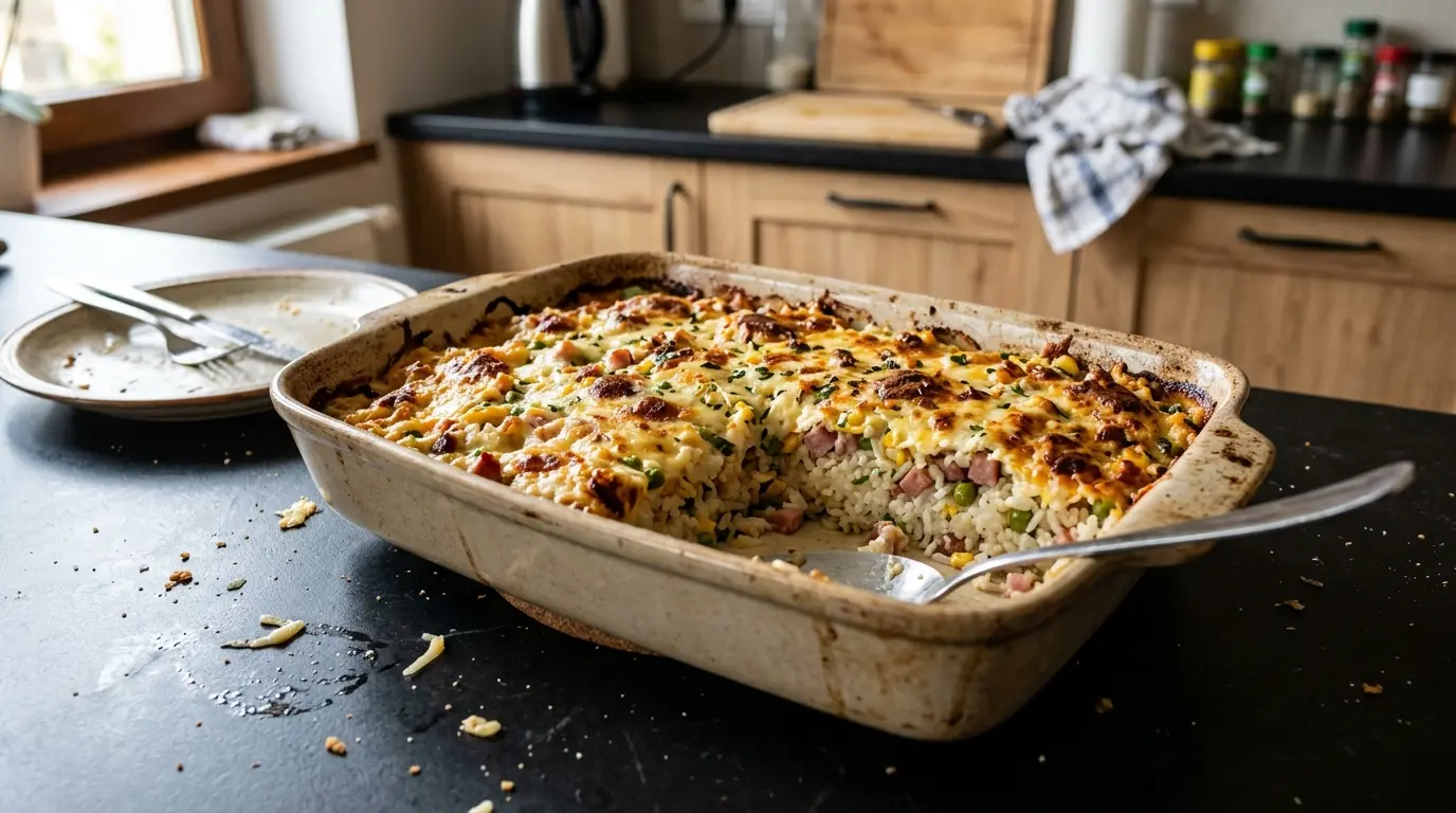 Zapiekanka ryżowa z szynką, groszkiem i serem