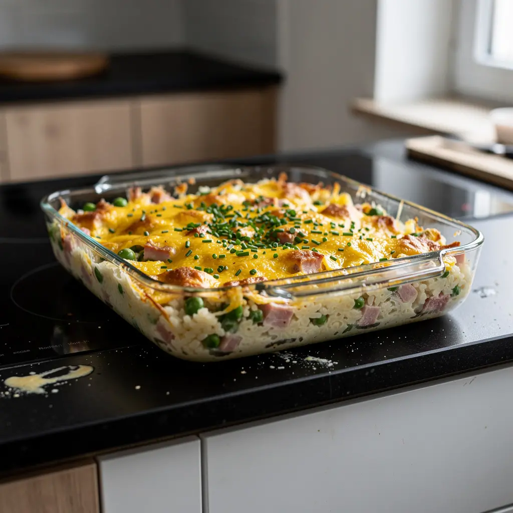 Zapiekanka ryżowa z szynką, groszkiem i serem