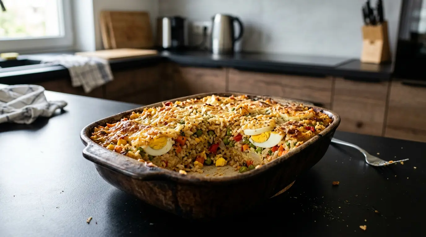 Zapiekanka ryżowa z warzywami i jajkiem na twardo